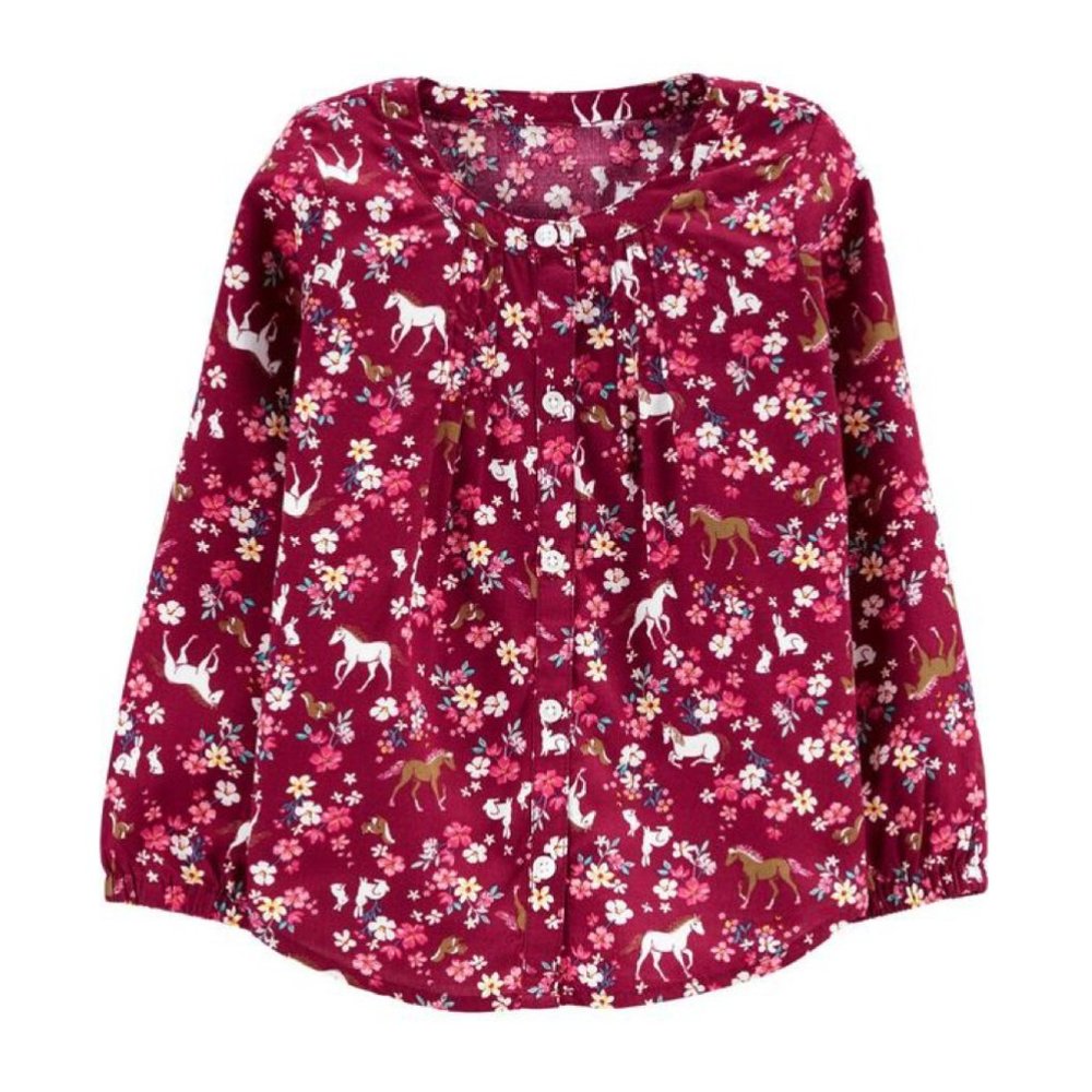 Carters Girls Floral Poplin Horse Print Top 2T 4T
